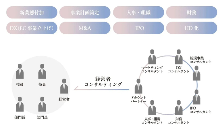 経営者や役員、部門長に対し、アカウントパートナーをはじめ新規事業・DX・財務・人事等の各種専門コンサルタントチームが経営コンサルティングを行う体制図