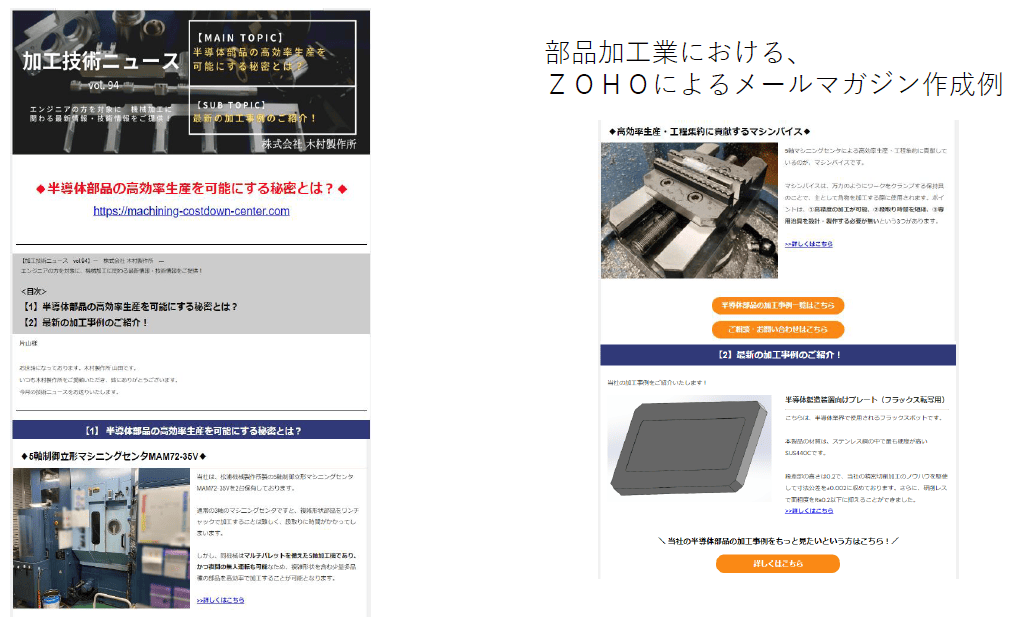 部品加工業における、Zohoによるメールマガジン作成例