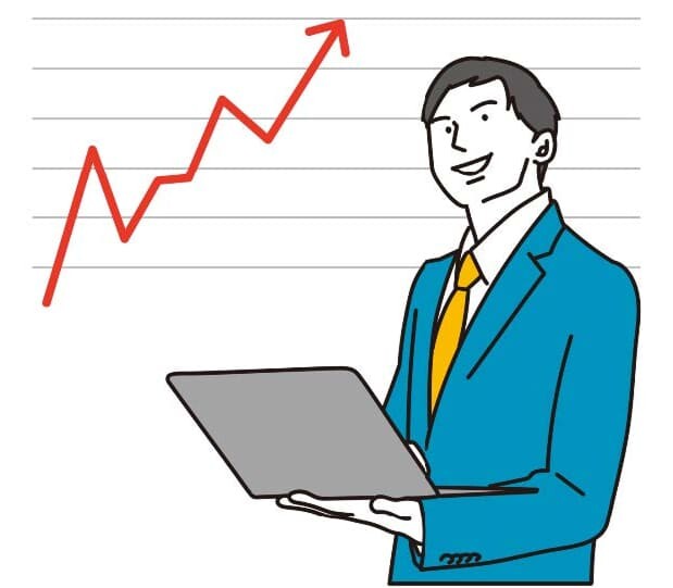 グラフの図をプレゼンしている男性