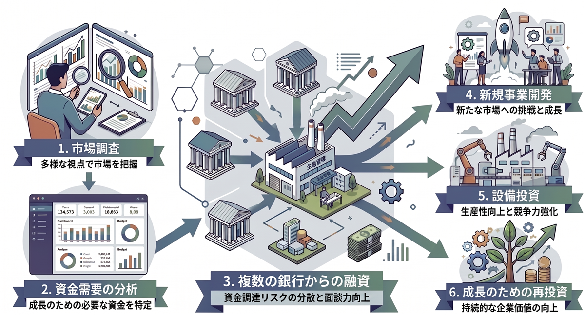 複数の銀行と取引することによって、調達額を最大化しながら調達リスクを分散し、持続的に大型資金調達を実現する手法