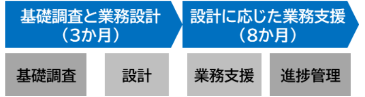 基礎調査と業務設計(3か月)、設計に応じた業務支援(8か月)